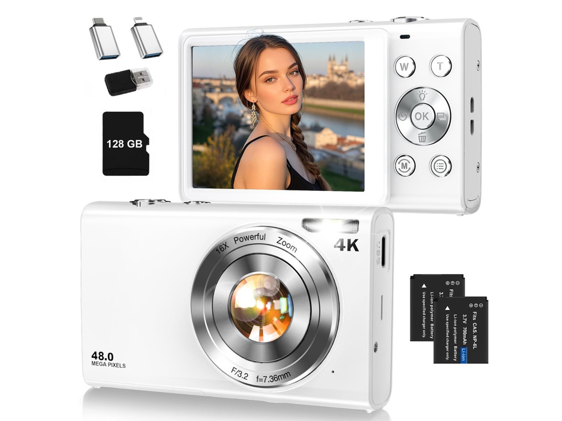 Cámara Digital Compacta Szsmart Dc402, Pantalla Fhd 4k De 2,8 Pulgadas, 48 ​​mp, Zoom 16x, Para Niños (2 Cables Otg, 2 Baterías, 128 Gb) - Blanco