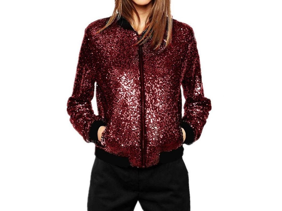 2026-chaqueta Casual Sin Cuello Slim Con Lentejuelas Y Cremallera Para Mujer Cnr S Borgoña