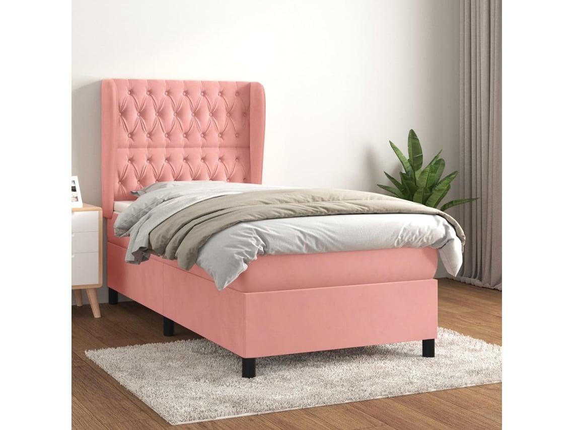 Cama Box Spring Con Colchón Terciopelo Rosa 80x200 Cm