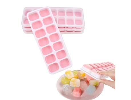4 bandejas de silicona de fácil liberación y 14 cubitos de hielo flexibles, bandejas de hielo apilables con cubiertas, color rosa
