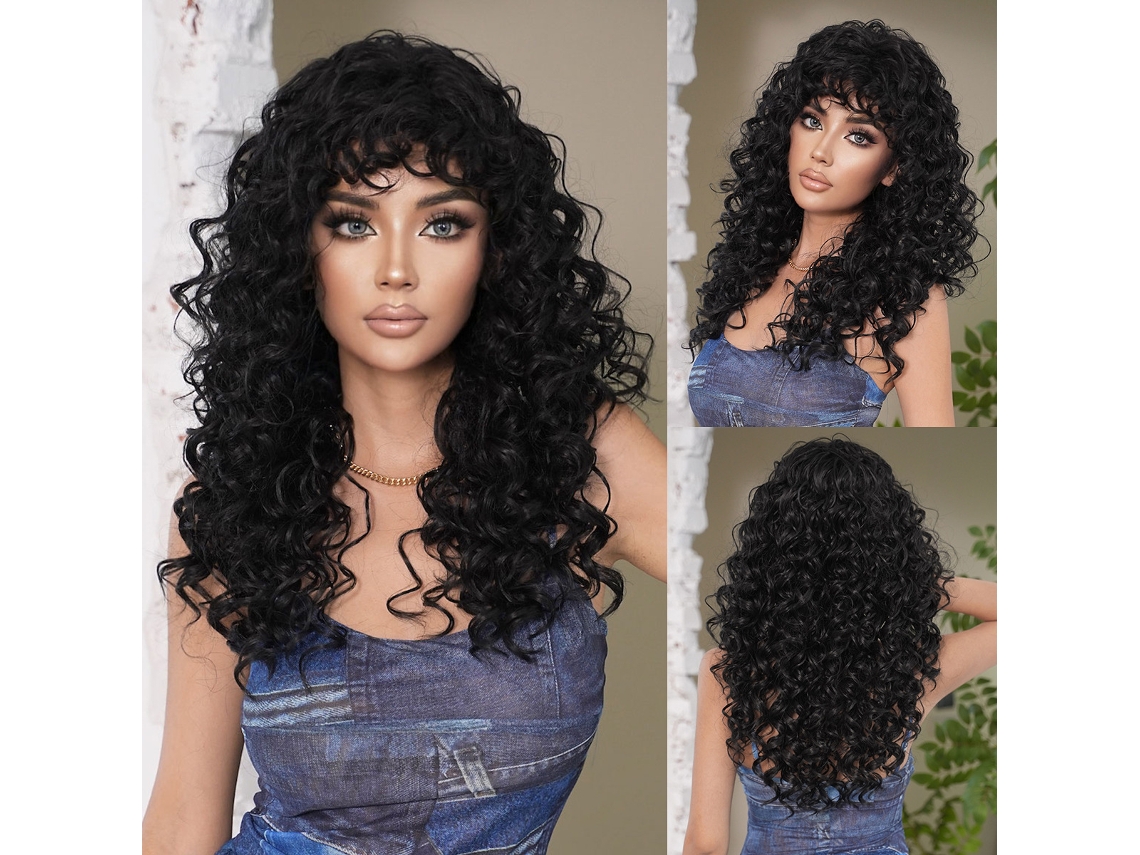 Peluca afro rizada natural con flequillo, cabello sintético resistente al calor para mujer, perfecta para cosplay, fiestas y uso diario.