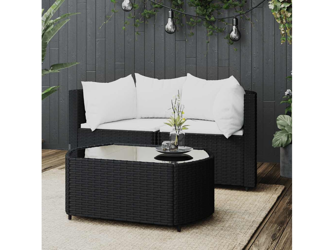Conjunto de jardín de 3 piezas con cojines, mimbre sintético negro, DKD Home Decor