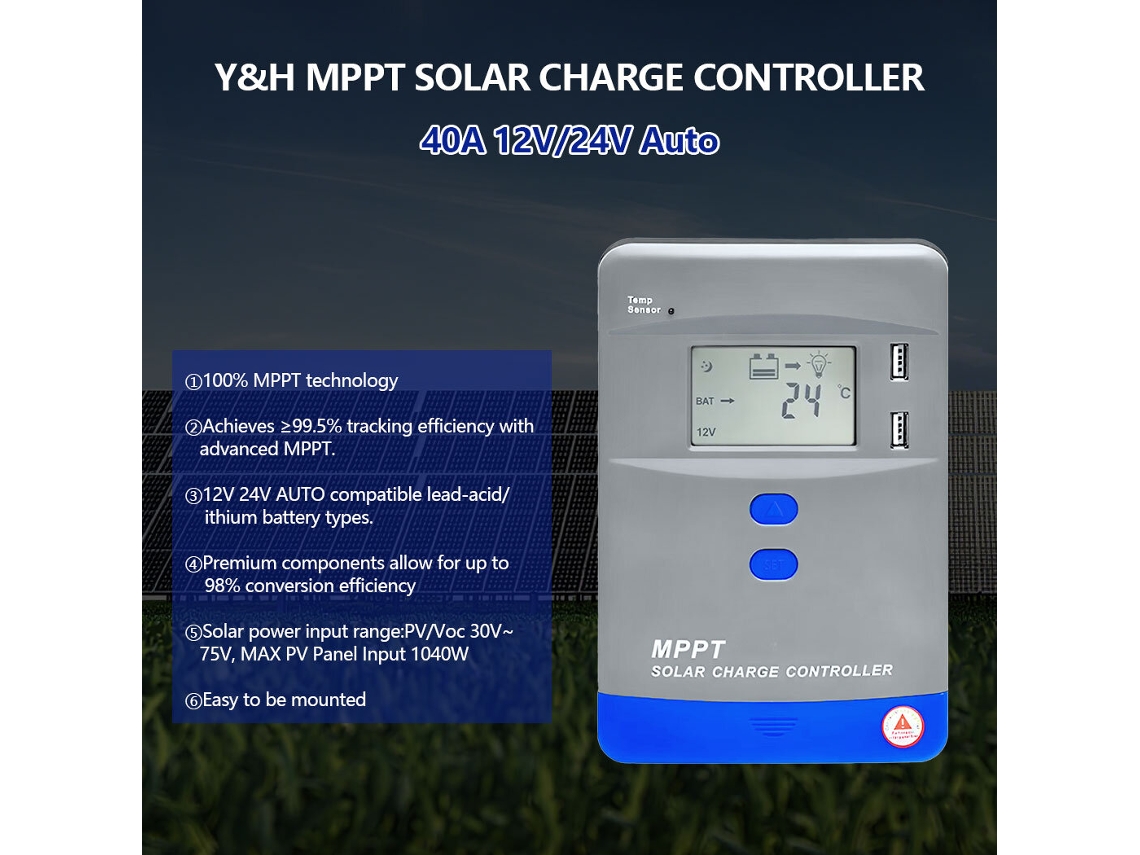40ayh Controlador Carga Solar Mppt 40a 60a 80a 100a 12/24/36/48v Lcd Baterías Agm Gel Líquido Litio