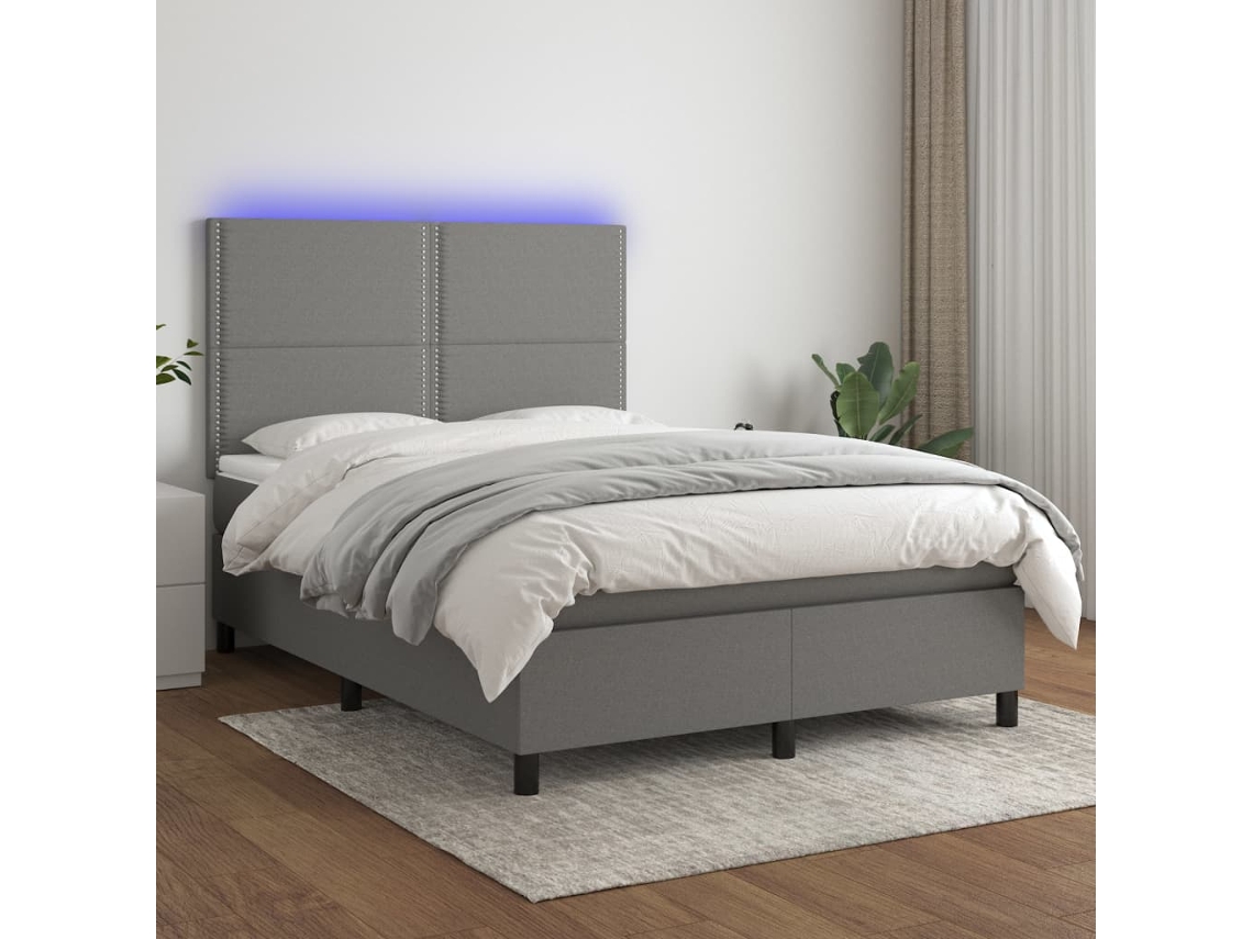 Cama box spring colchón y luces LED tela gris oscuro 140x200 cm