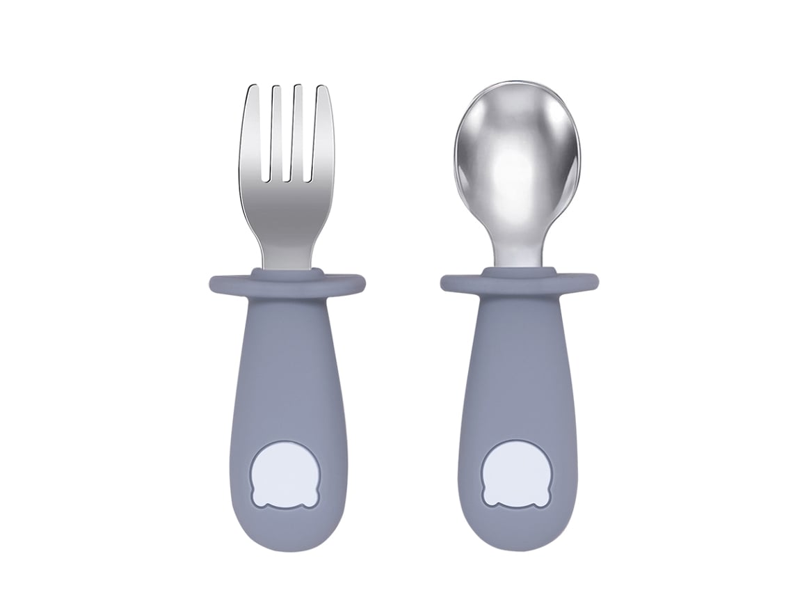 (gris) Juego De Vajilla Para Bebé, Incluye Cuchara Y Tenedor De Acero Inoxidable, Libre De Bpa.