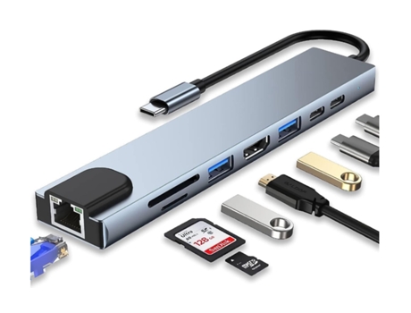 Adaptador multipuerto USB C 8 en 1, tipo C a 4K HDMI /USB3.0/USB-C/RJ45/SD/TF Lector de tarjetas Extensión USB-C multifuncional (gris) CHRONUS