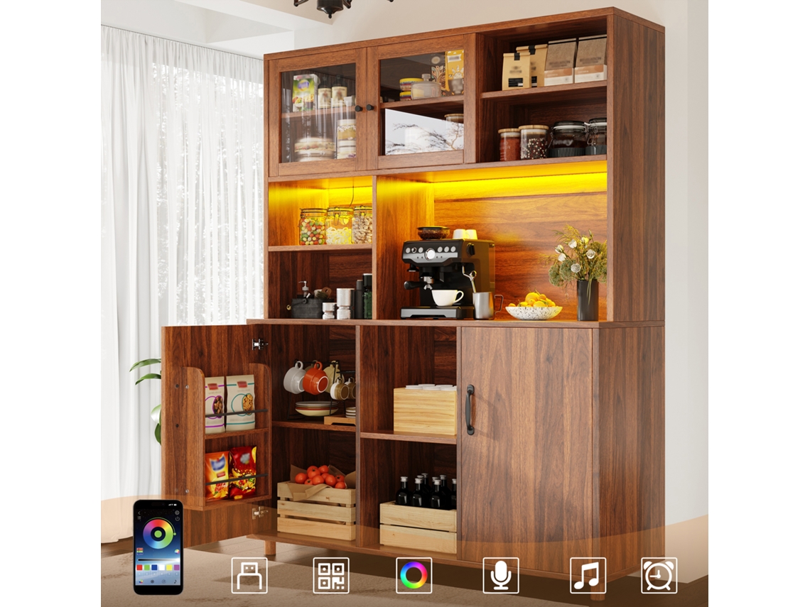 Mueble Alto Para Salón De 140 Cm Con Estante Led Para Aperitivos, Color Nogal.