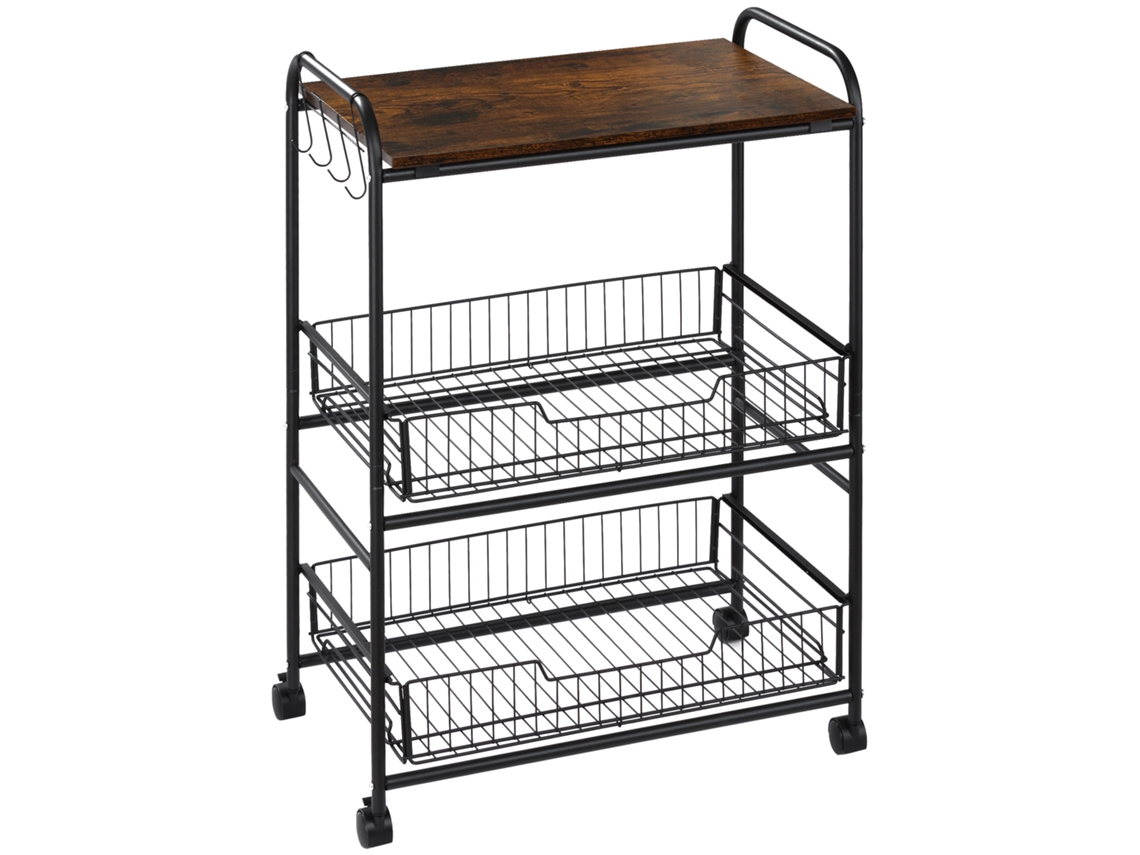 Carrito de cocina de 3 niveles, 2 cestas, 4 ganchos, 60x38x85,5 cm, estilo rústico | Sin marca