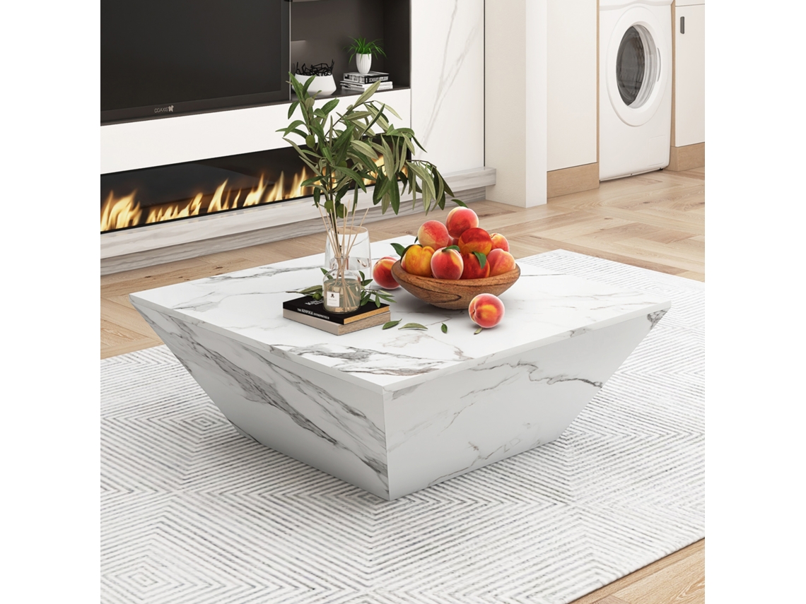 Mesa de centro moderna de 70 x 70 x 37 cm con superficie de mármol blanco y diseño trapezoidal blanco.