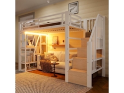 Cama Alta 90x200 Cm - Estructura Metálica, Estante, Escalera Integrada, Barra De Protección, Luz Led, Almacenamiento Abierto - Blanco