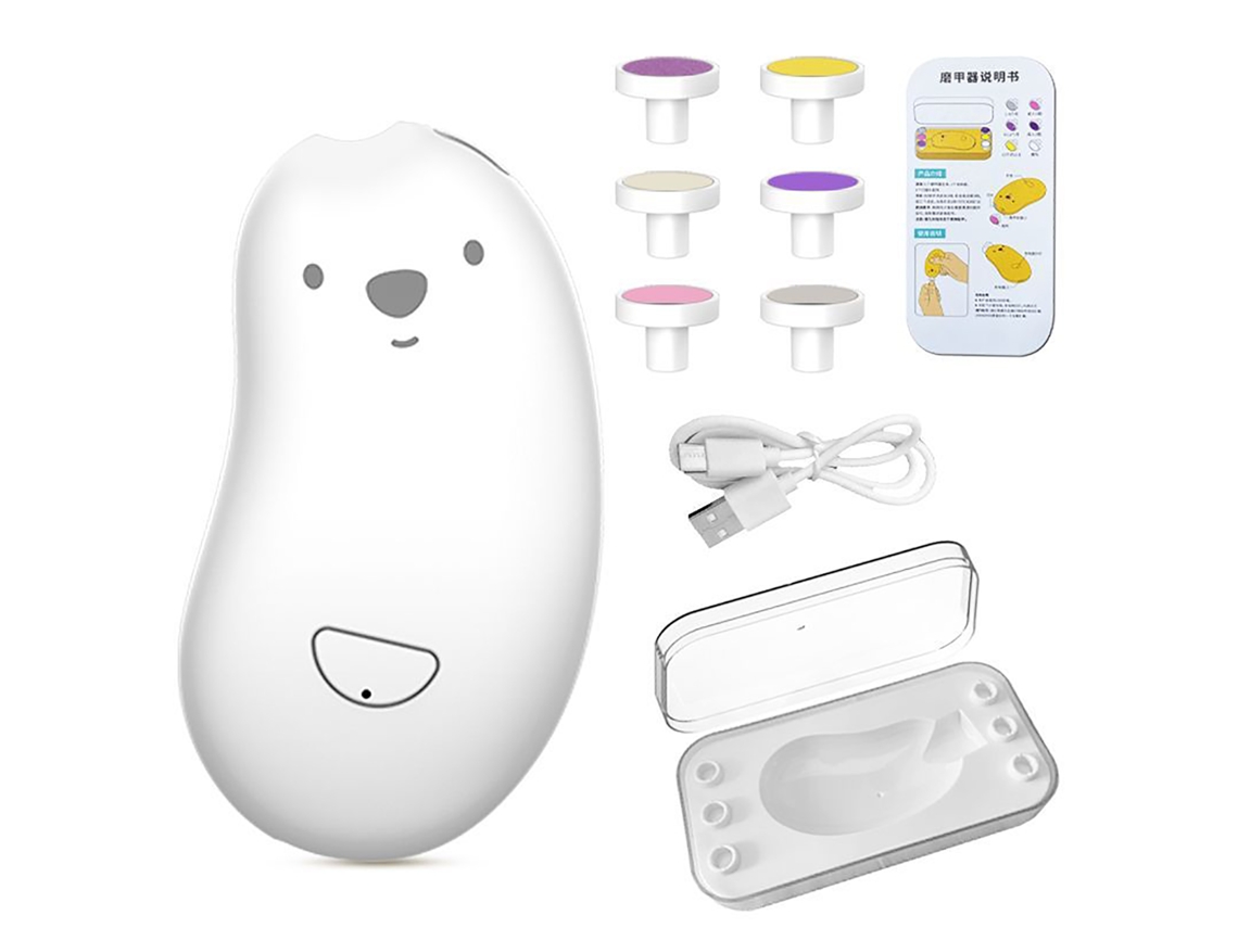 Tijeras eléctricas para uñas de bebé Rebe con 6 cabezales pulidores, carga USB segura para el cuidado de las uñas en casa, color blanco.
