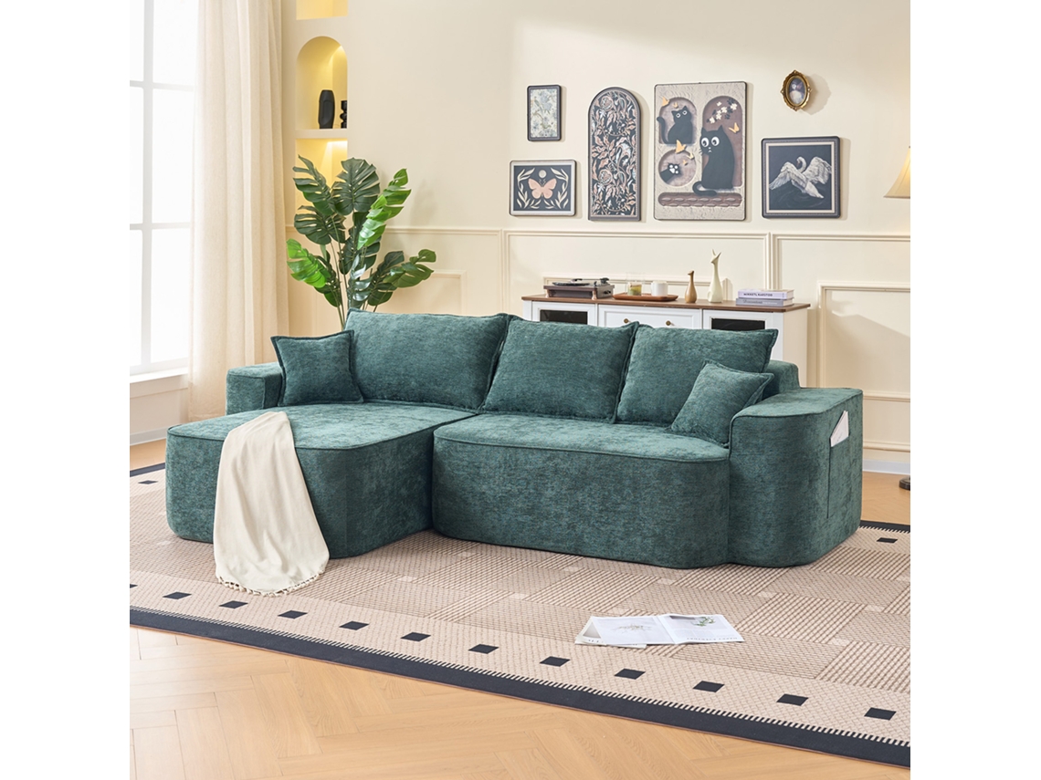 Sofá esquinero de 4 plazas, chaise longue de 262 cm, asiento profundo XXL, modular verde Mobrio