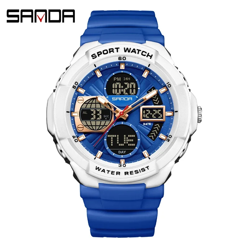(blanco Y Azul) Reloj Digital Para Hombre Con Doble Pantalla – Reloj Deportivo Multifuncional Y Resistente Al Agua Para Estudiantes (alarma, Cronómetro)