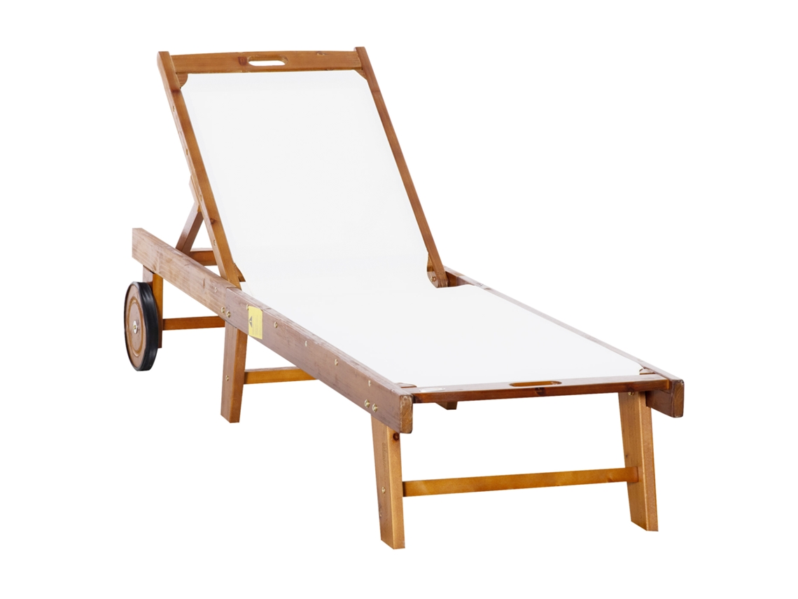 Tumbona Reclinable, Madera Acacia, Textil, 198x55x30-88,5cm, Natural+blanco