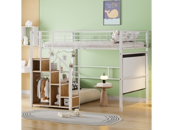 Litera con escalera de seguridad 140*200, Cama infantil con estructura de hierro y espacio de almacenaje, Cama juvenil, Color blanco