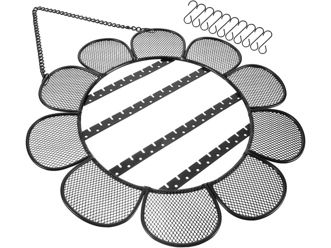 Organizador de joyas colgante de pared GOKOCO con forma de girasol y ganchos, hierro negro, para ahorrar espacio.