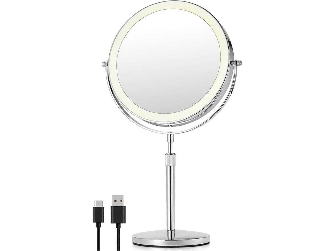 Rebe-espejo De Maquillaje Con Luz 10x, 20 Cm Doble Lado Sin Giro, Base Ajustable En Altura, 3 Modos De Luz Regulable