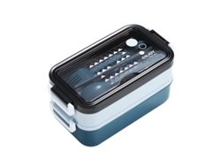 Fiambrera Compartimentada De Alta Calidad, Fabricada En Plástico, Libre De Bpa, Con Tres Compartimentos Y Cubiertos Incluidos, Color Azul.