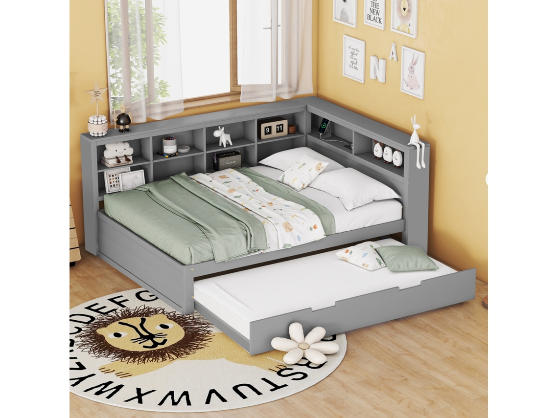 Sofá Cama 140x200, Cama Extraíble 90x190, Cama De Madera Maciza, Cama Doble, Madera, Gris.