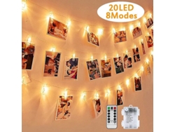 Guirnalda De Luces Con 20 Ganchos Para Fotos, Luces Led De 3 M Para Dormitorio, Luz Blanca Cálida, 8 Modos, Funciona Con Pilas.