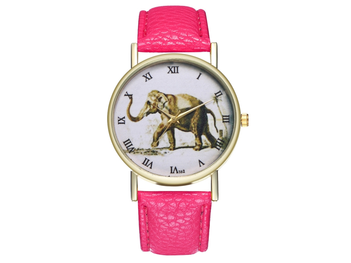 Reloj De Cuarzo Con Correa De Cuero Pu Modas Patrón Elefante Dial Numerales Romanos (rojo Rosa)