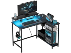 Escritorio Esquinero Reversible Con Led, Mesa Para Ordenador Con 2 Enchufes Y 2 Puertos Usb, Cesta Ajustable, 107x80x90 Cm, Negro