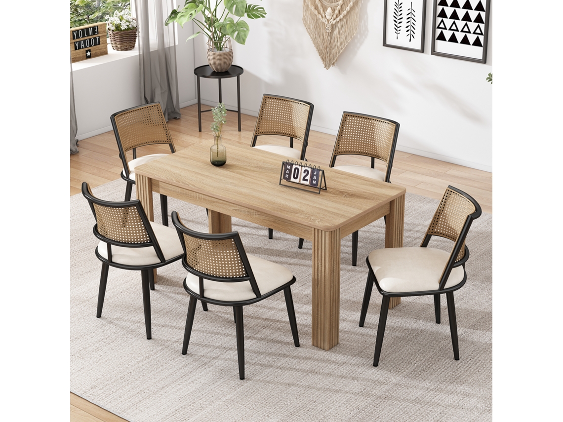 Juego De 6 Sillas De Comedor Con Cojín De Piel Sintética Y Respaldo De Ratán Pe - Negro