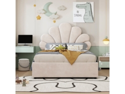 Cama Con Almacenaje Acolchada De Terciopelo - 90x200cm - Cabecero En Forma De Flor - Con Somier De Láminas - Beige