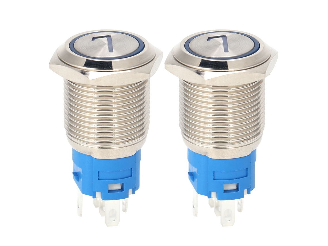 2 Unidades Interruptor De Botão De Acero Inoxidable De 5 Pines 16mm De Auto-reset Con Luz 7-24vdc Azul