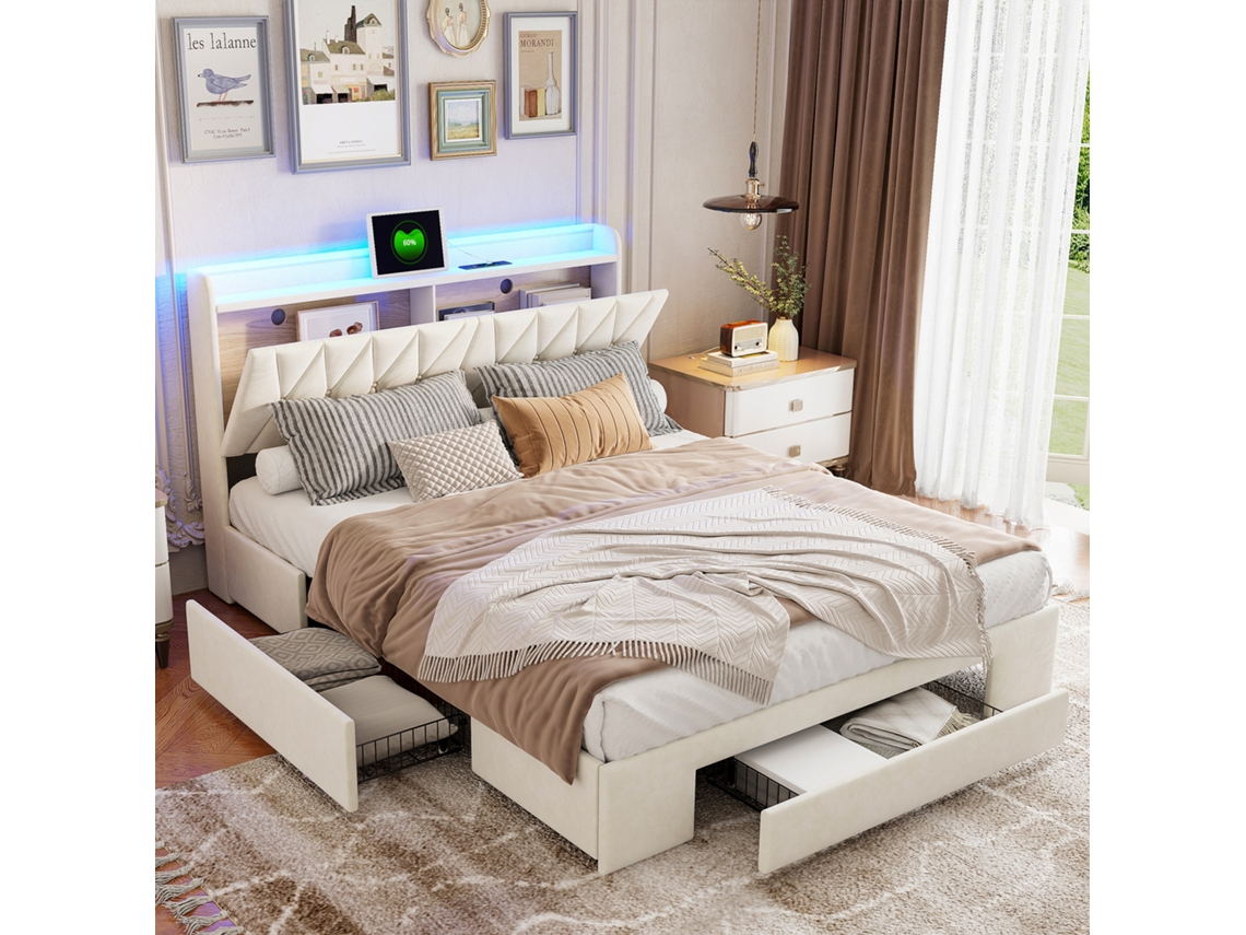 Cama Doble 160x200 Cama Con Cajones De Almacenamiento Moderna Cama Para Adulto De Terciopelo Beige Con Luce Led Rgb Usb Tipo-c Cama De Almacenamiento
