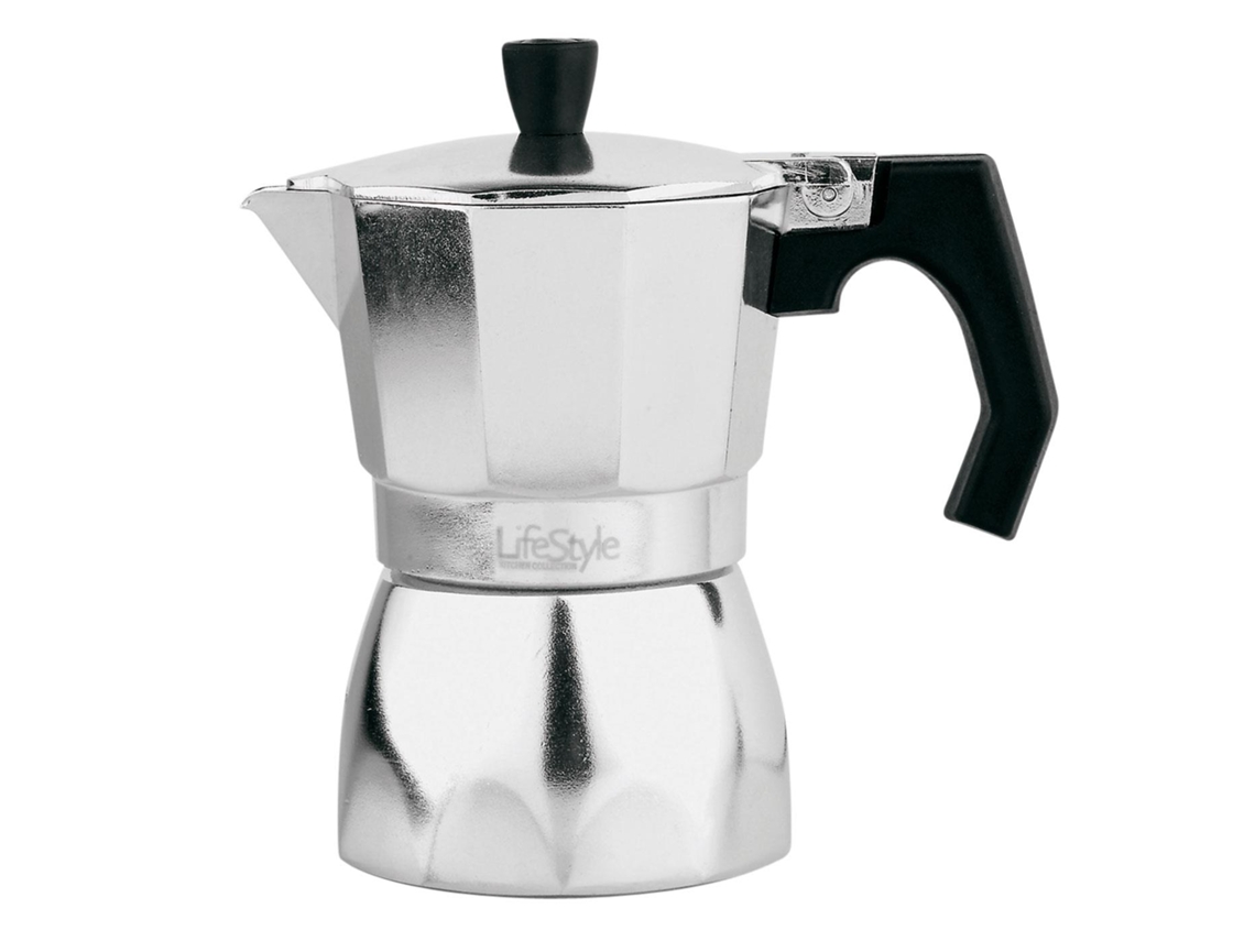 Cafetera italiana de aluminio de 25 x 19 x 12 cm y con capacidad para 12 tazas.
