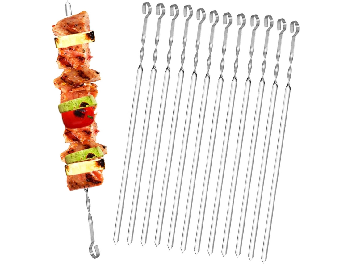 JILLIOPER Espetos de acero inoxidable para barbacoa, 12 unidades, espetos reutilizables, 50 cm, para fuego de campamento o parrilla