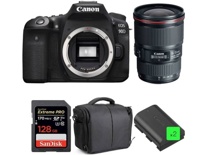Kit Cámara Réflex CANON EOS 90D + EF 16-35mm f/4L IS USM + SanDisk 128GB + 2 LP-E6N + Bolsa