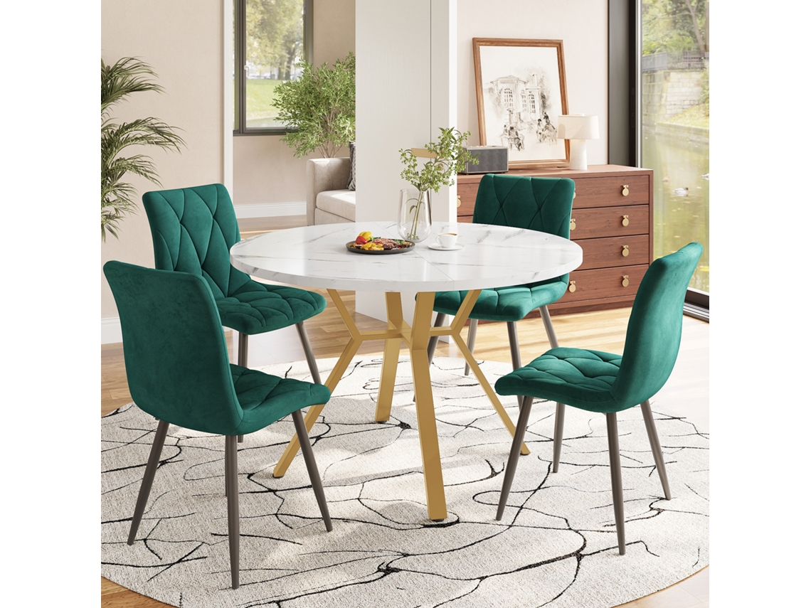 Conjunto Mesa Y Sillas 5 Piezas - Mesa Redonda De Mármol Con Patas Doradas - Sillas Ergonómicas Verde