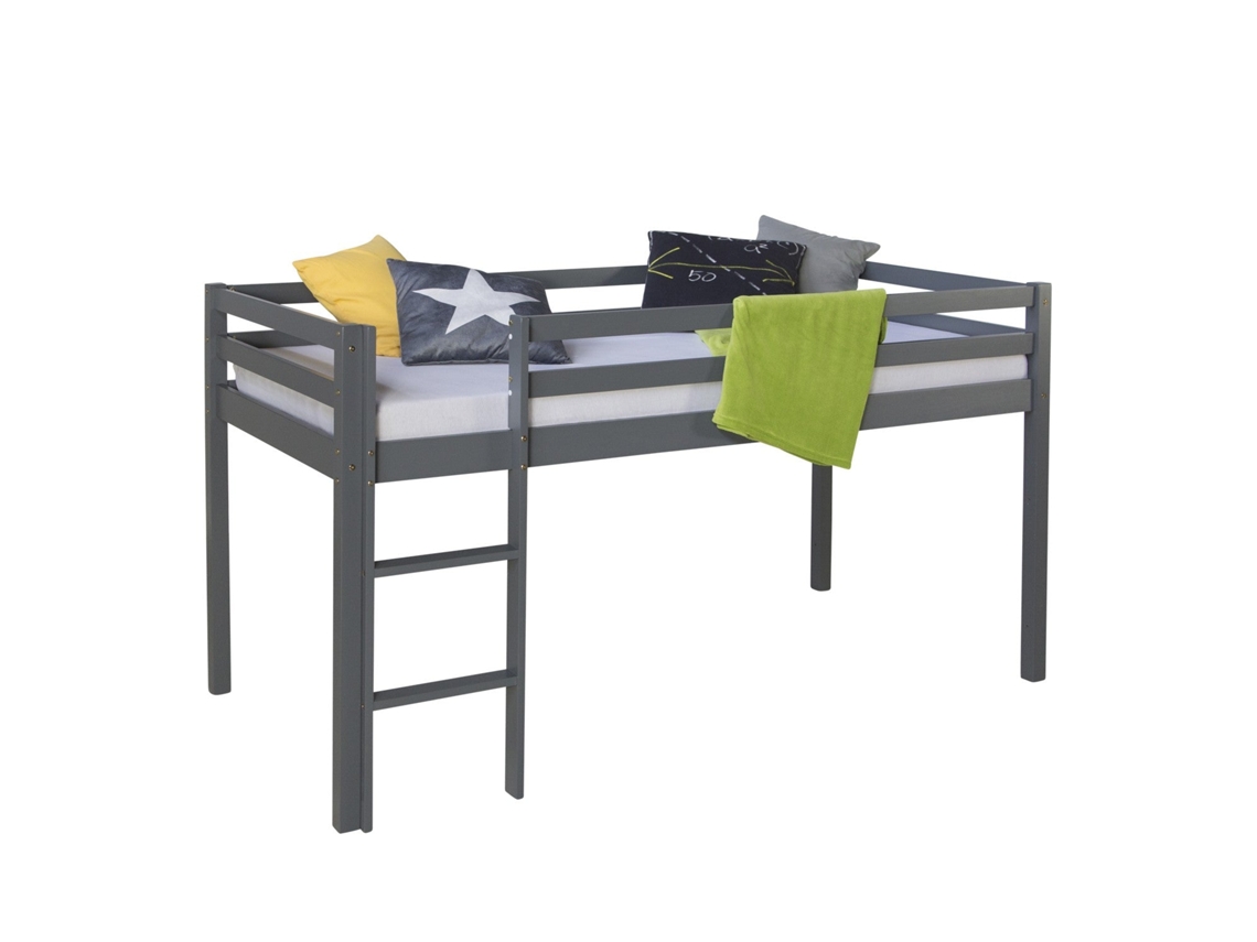Cama Alta Infantil 90x200cm Con Escalera De Madera Gris Lit06171