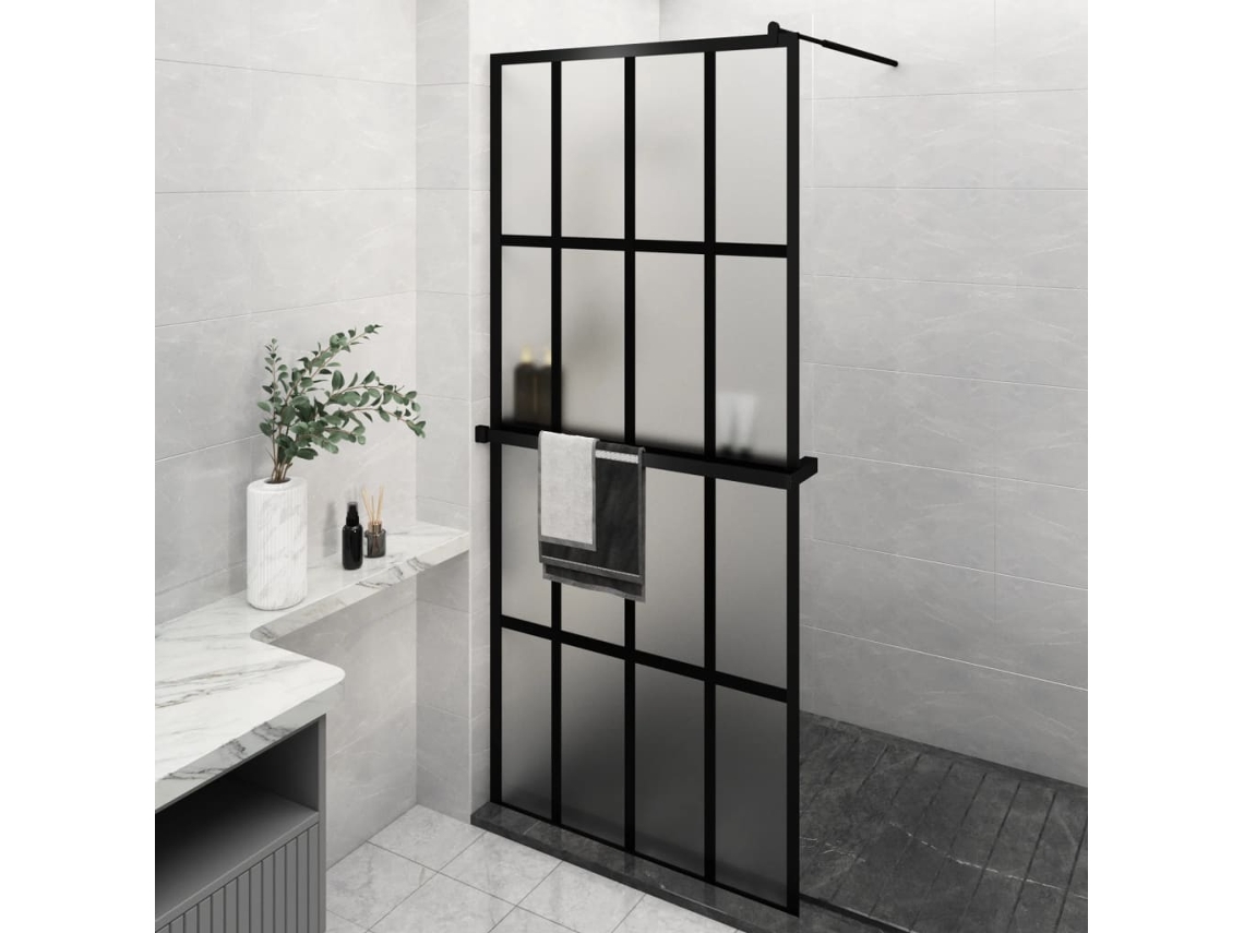 Mampara de Ducha con Balda 90x195 Cristal/Aluminio Esg Negro Wsd296044 Adorável Casa
