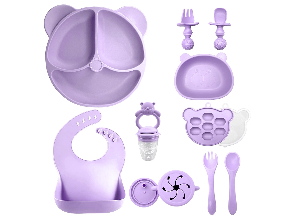 Set De Cubiertos Bebé Eifson 6+ Meses Antideslizante Plato Bol Vaso Babero (morado)