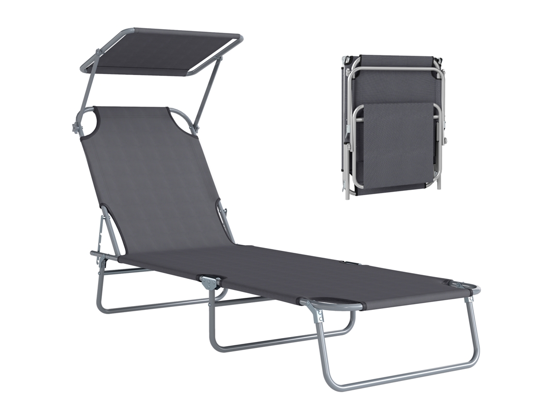 Silla plegable de playa con respaldo reclinable y toldo ajustable, color gris.