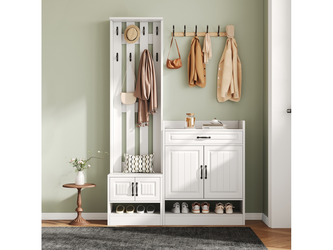 Conjunto De Armario 125x36x190cm - Con Banco Y Zapatero, 8 Ganchos, 4 Puertas, 1 Cajón - Blanco