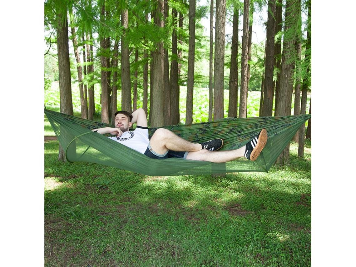 Hamaca de camping individual/doble en nailon, camuflaje, 250x120cm, con mosquitera.