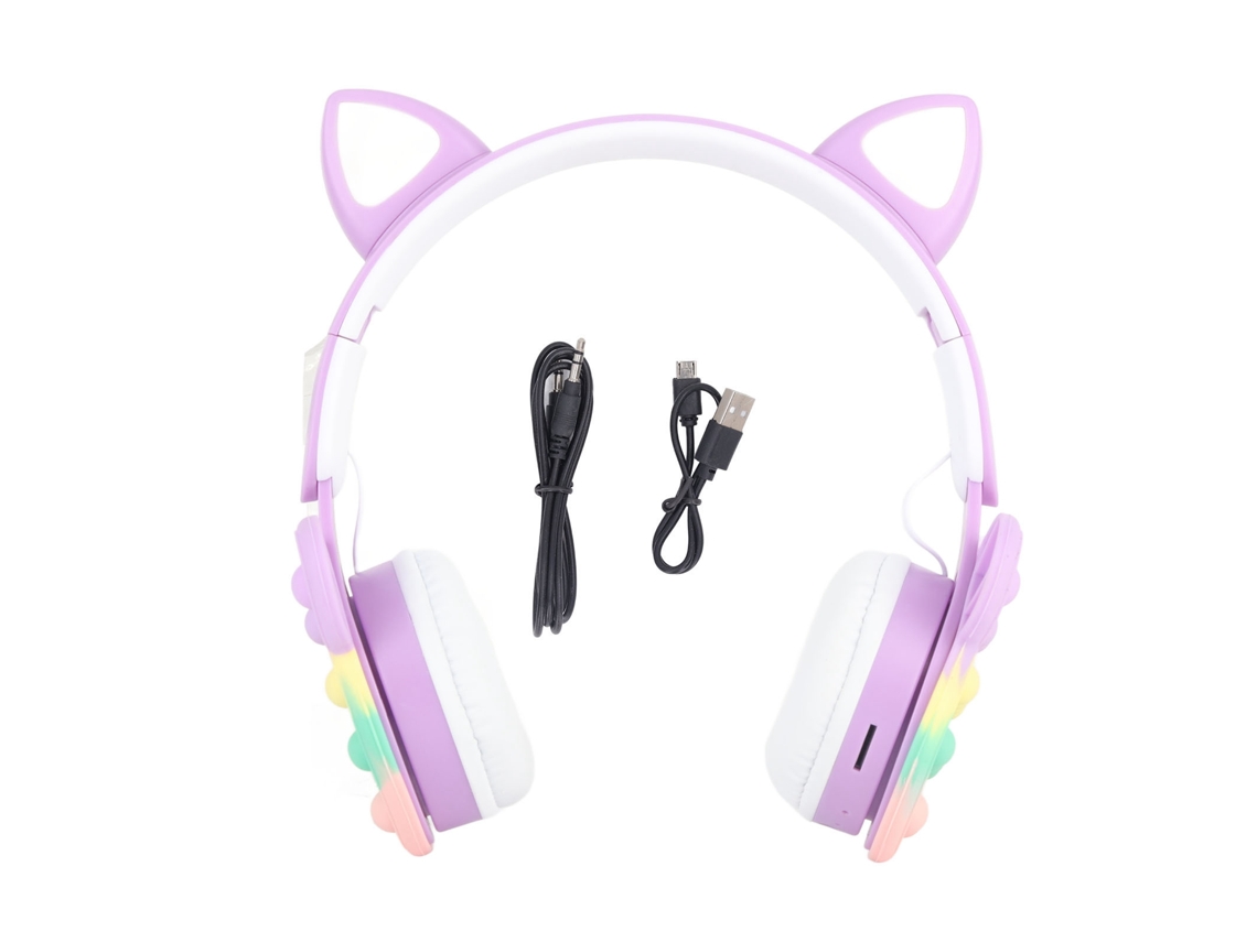 Auriculares Inalámbricos Bluetooth De Moda Con Orejas De Gato Iluminadas Para Teléfonos Móviles, Ordenadores Y Tabletas - Morado