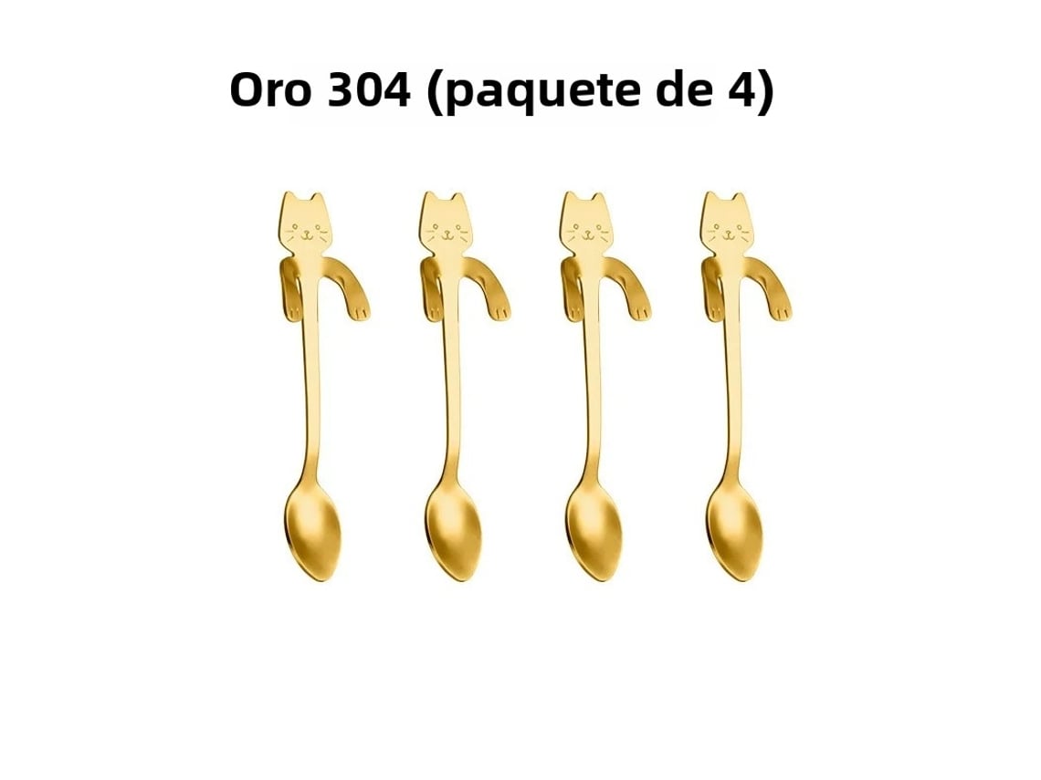 (juego De 4 Piezas En Oro) Cucharas De Café De Acero Inoxidable 304 Con Forma De Gato Y Gusano, Bañadas En Platino, Con Borde Para Revolver.