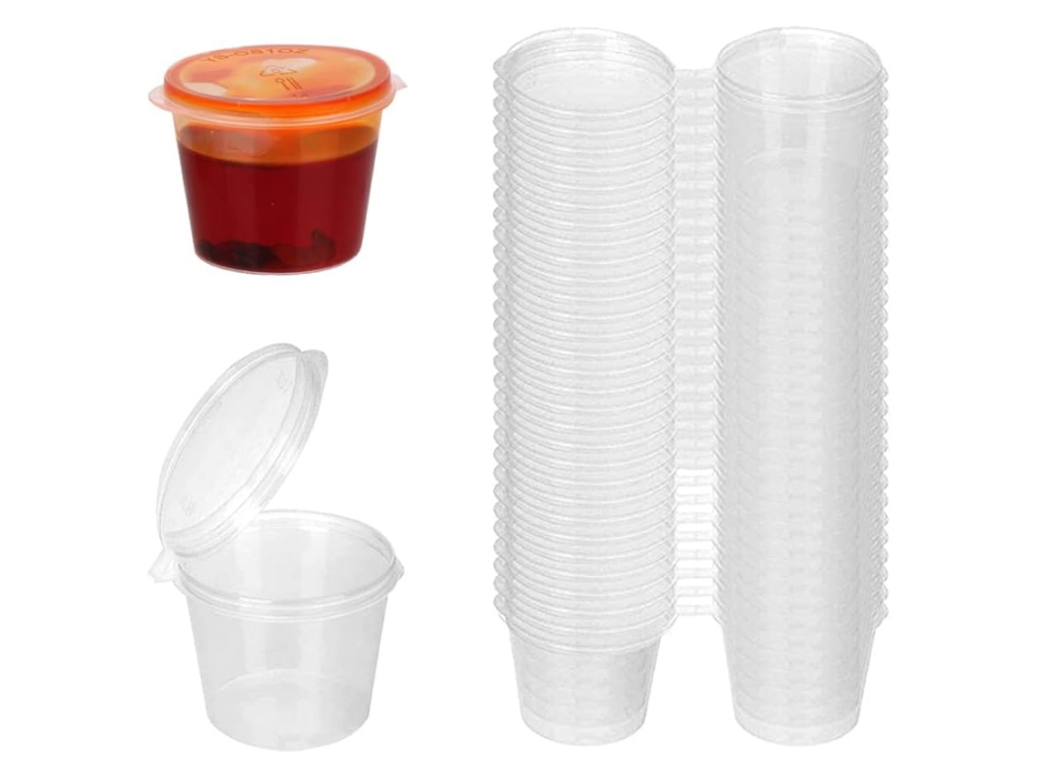 400 recipientes de plástico para salsa de 2 oz con tapas, vasos para servir con tapas abatibles, ideales para salsas, muestras, slime, gelatina y almacenamiento.