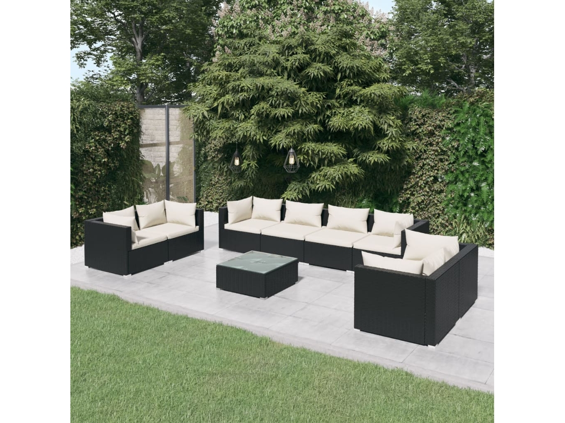 Conjunto de jardín DKD Home Decor de 9 piezas con cojines de mimbre negros
