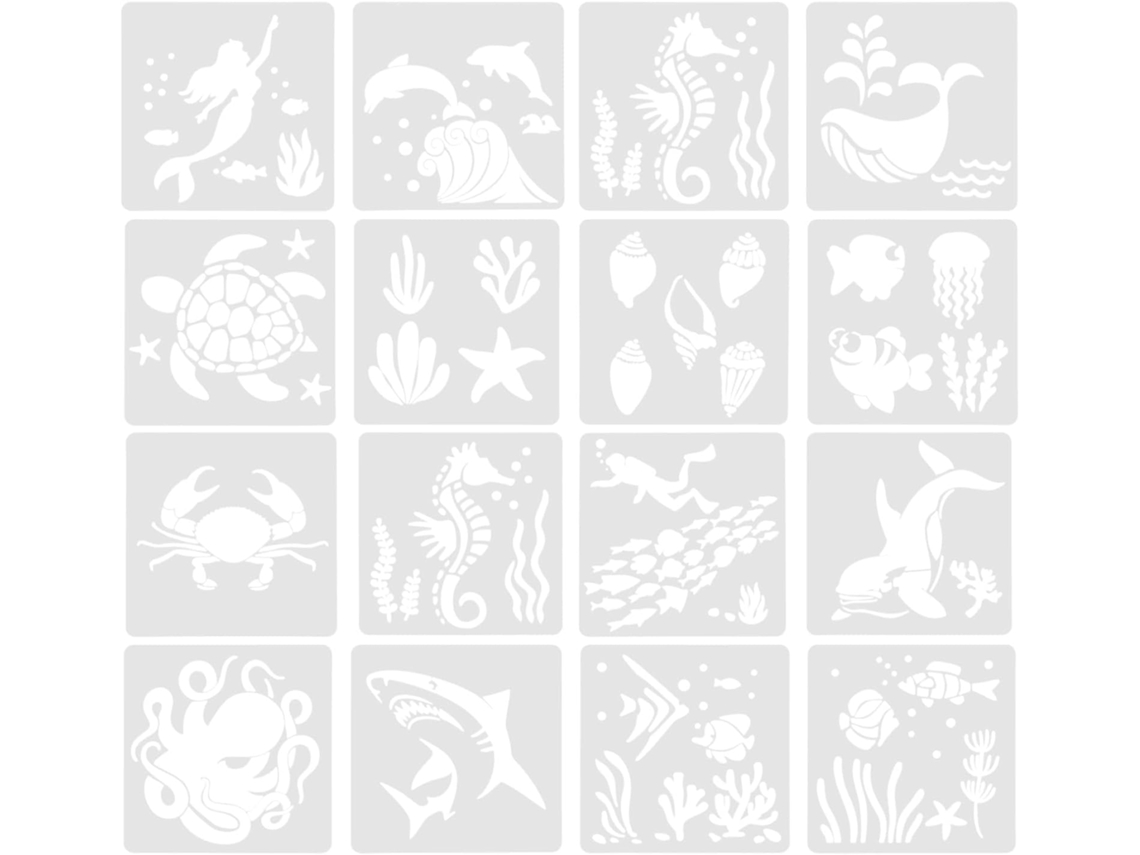 Plantilla Hueca Para Pintar Con Temática Oceánica, 16 Piezas, Pequeña, Ligera Y Fácil De Usar.