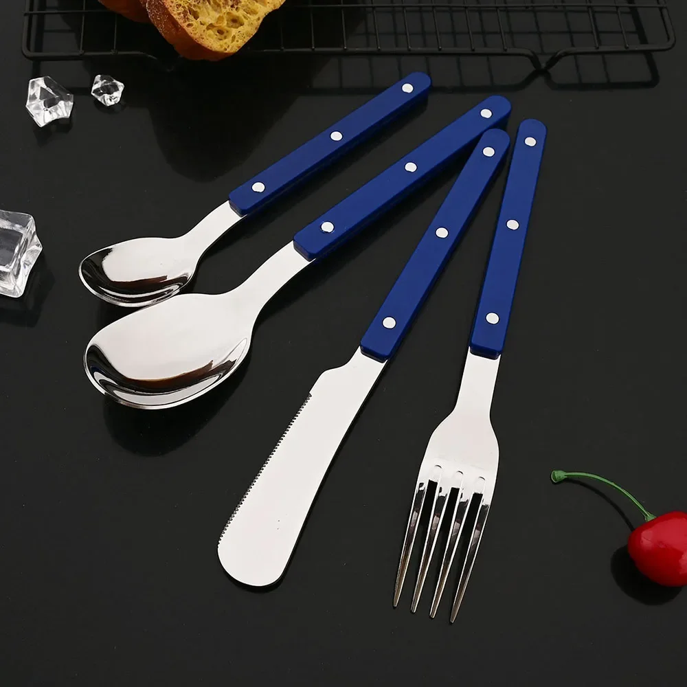 (azul, Conjunto De 4 Piezas) Vajilla De Acero Inoxidable Con Mango De Acrílico, Incluye Cuchillo, Tenedor Y Cuchara, Cocina Para Uso Doméstico