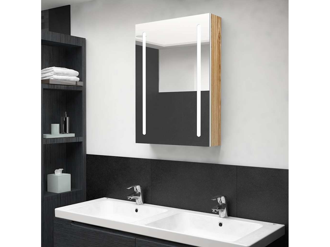 Armario de baño con espejo e iluminación LED, 50x13x70 cm, blanco/roble