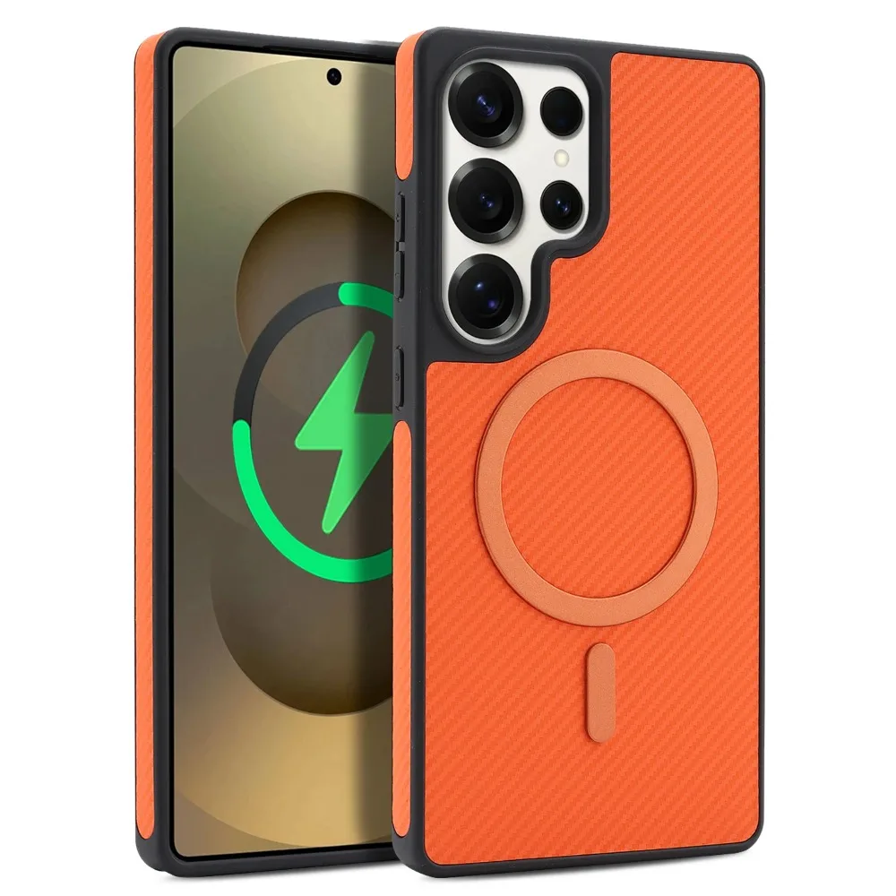 (naranja, Galaxy S25 Ultra) Lujosa Funda Para Teléfono Con Textura De Cuero Y Fibra De Carbono, Compatible Con Carga Magsafe.