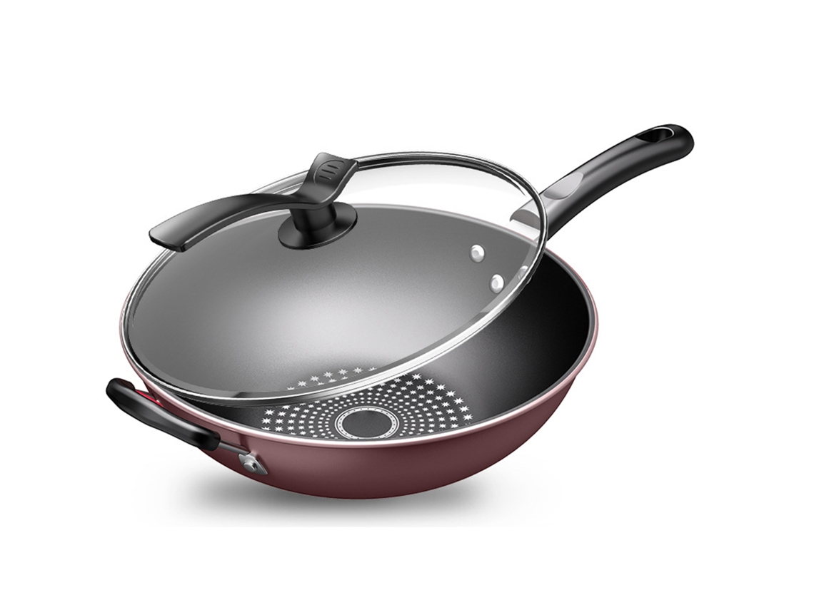 Sartén Wok Antiadherente De Fondo Plano Para Cocinas De Gas E Inducción, 34 Cm, Con Tapa Y Espátula.