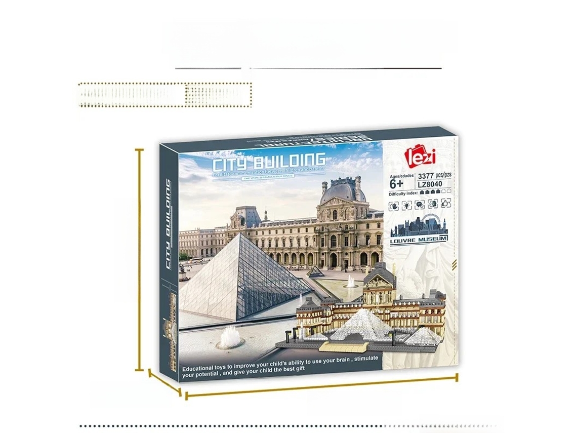 Un juguete creativo con 3377 bloques de construcción de plástico en miniatura que recrean el famoso edificio del Louvre. No requiere pilas.